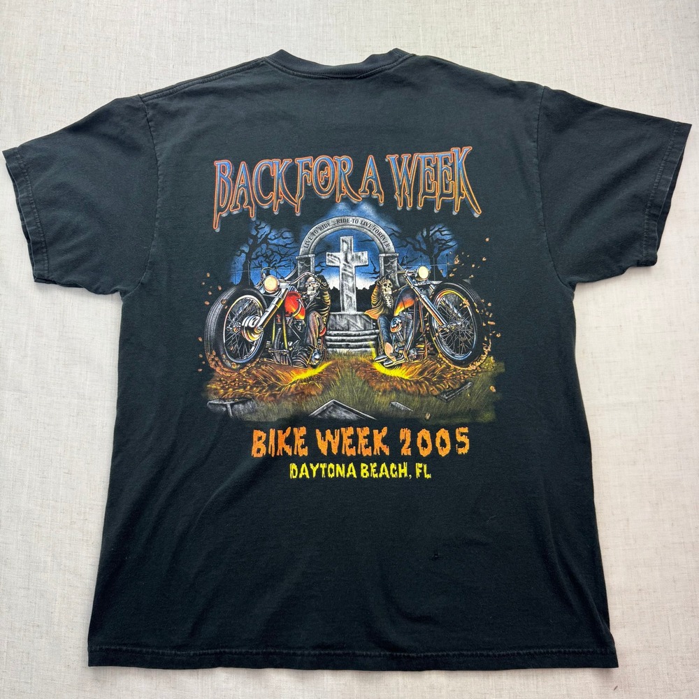 Hanes Bike Week 2005 T-Shirt Mens L Black Daytona Beach Biker Graphic Y2K Tee